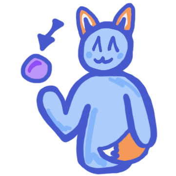 blue figure with fox ears and tail, a ball hovers over one hand and an arrow points to the ball 